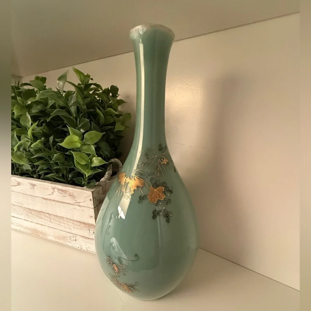 .Asian Turquoise Gilt Decorated Crane Neck Porcelain Glazed Large Vase #1